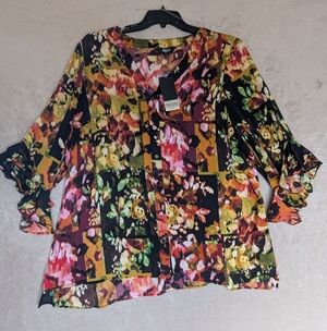 Investments Multicolor Floral Patchwork V-Neck Blouse 2XL
